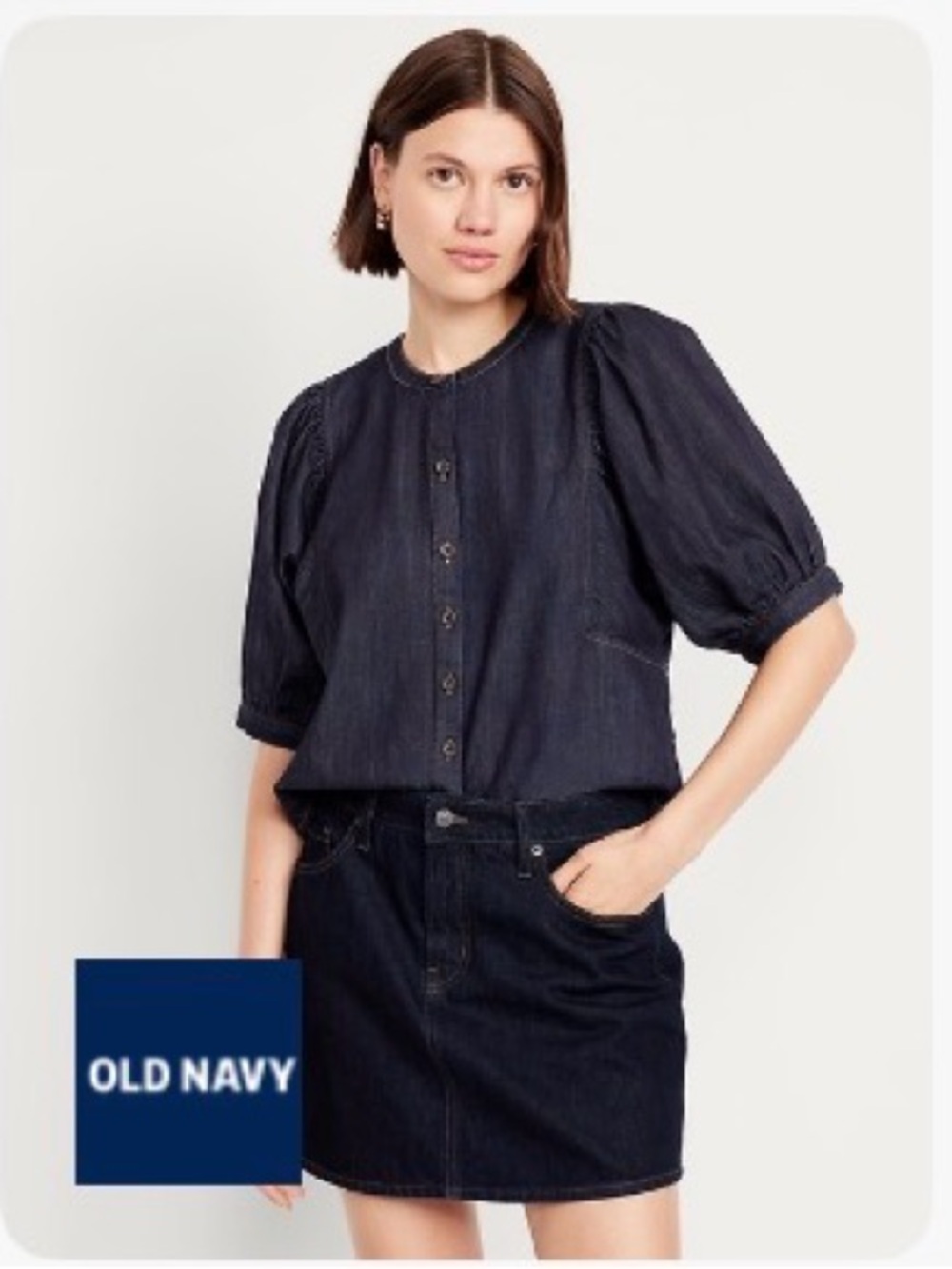 Old Navy Dark Blue Cropped Denim Button-Up Top with Puff Sleeves